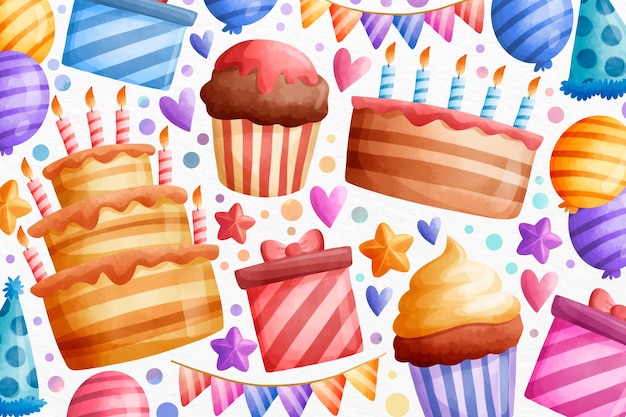 Alles Gute Zum Geburtstag Cupcakes Und Geschenke Des Aquarells Kostenlose Vektor