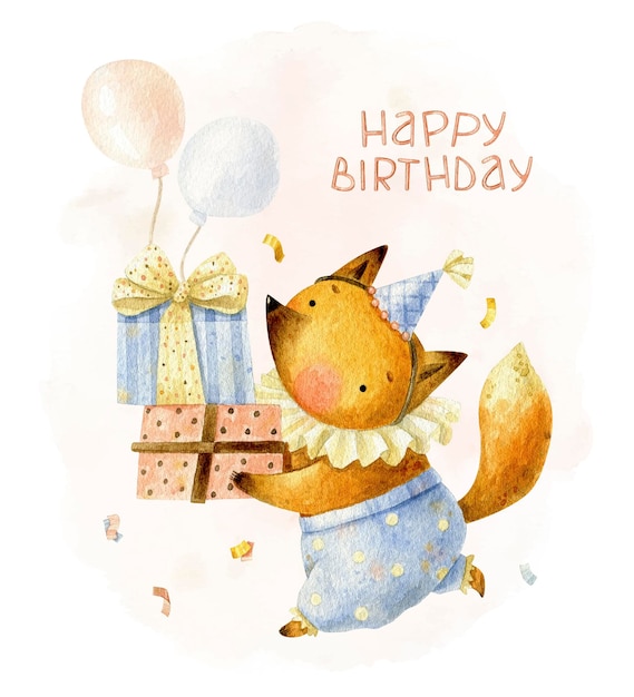 Alles gute zum geburtstag fuchs in mütze mit geschenkboxen und