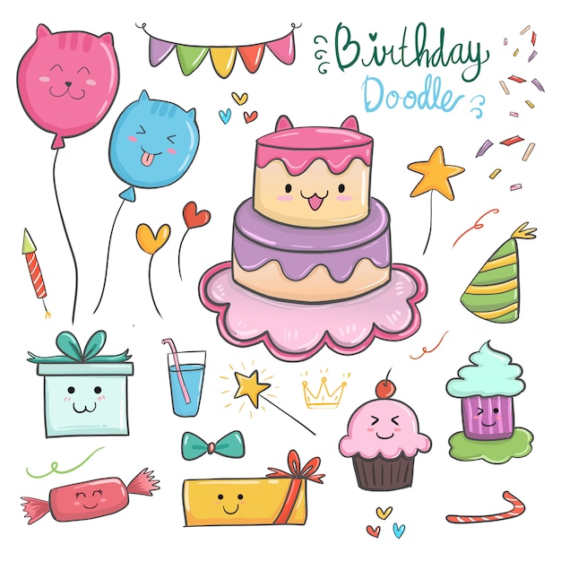 Alles gute zum geburtstag kawaii elemente mit nettem thema der katze und der bunten einzelteile. Premium Vektoren