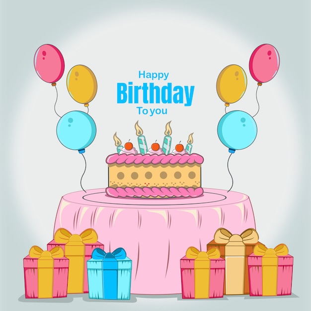 Alles Gute Zum Geburtstag Mit Kuchen Geburtstag Kerze Geben Bunten Ballon Feier Premium Vektor