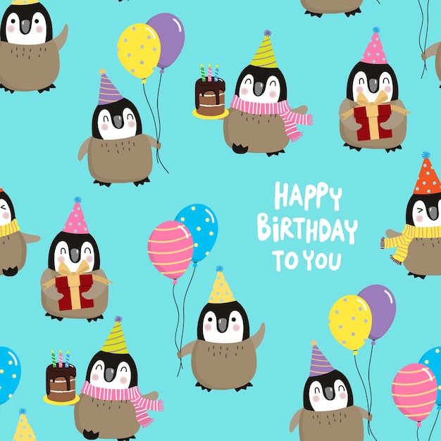 Alles gute zum geburtstag mit nahtlosem muster der pinguine Premium