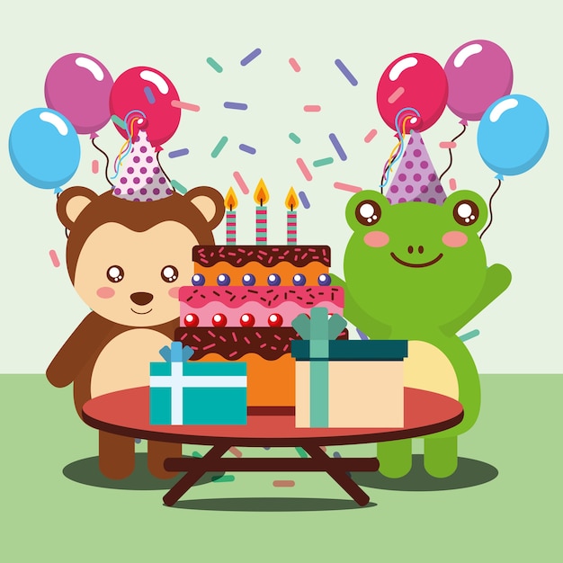 Alles Gute Zum Geburtstag Party Karte Niedlichen Frosch Und Affen Tiere Premium Vektor