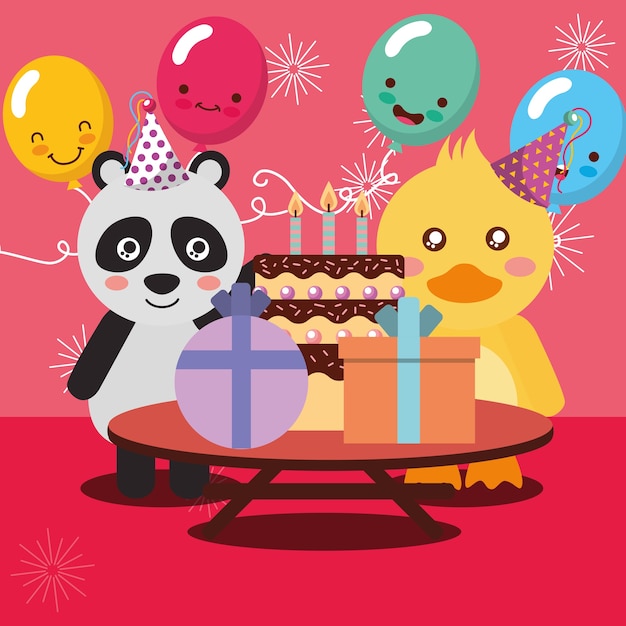 Alles Gute Zum Geburtstag Party Karte Niedlichen Panda Und Ente Tiere Premium Vektor