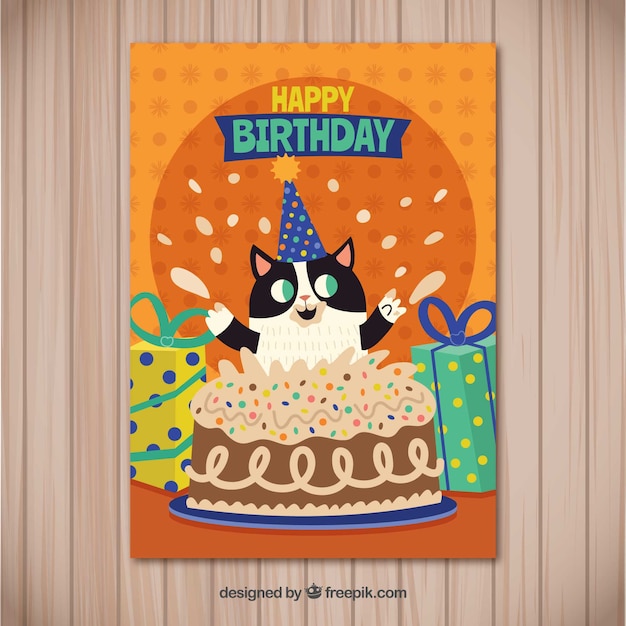 Alles Gute Zum Geburtstagskarte Mit Niedlichen Katze In Flache Kostenlose Vektor