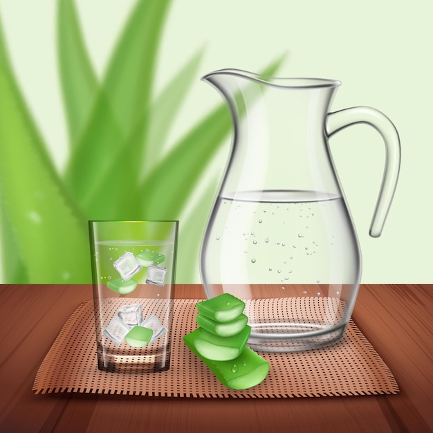 Kostenlos Vektor Aloe Vera Zusammensetzung Mit Heller Wasserflasche Und Glas Mit Stucken Der Naturlichen Pflanze Und Der Eiswurfel