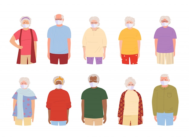 Alte Leute Mit Weisser Medizinischer Gesichtsmaske Schutzen Sie Altere Menschen Die Eine Maske Tragen Vor Coronavirus Cartoons Premium Vektor