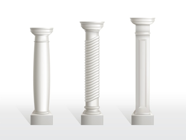 Alte spalten getrennt eingestellt. antike klassische verzierte steinsäulen der römischen oder griechenland-architektur für innenraum oder fassade. weinleseelemente der schreinerei realistische illustration des vektors 3d Kostenlosen Vektoren
