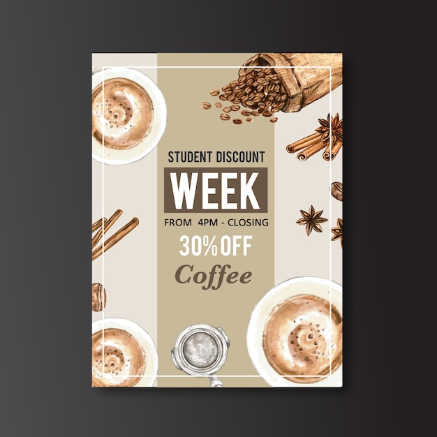 Americano, cappuccino-kaffeeplakatrabatt, schablone modern, aquarellillustration Kostenlosen Vektoren