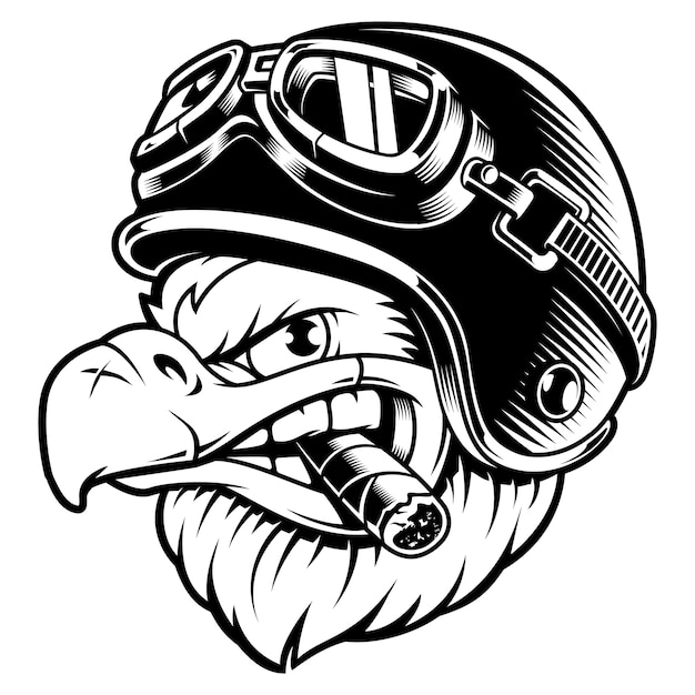 Amerikanischer Adler Mit Zigarre Illustration Des Motorradfahrers Mit Bikerhelm Shirt Grafiken Auf Weissem Hintergrund Premium Vektor