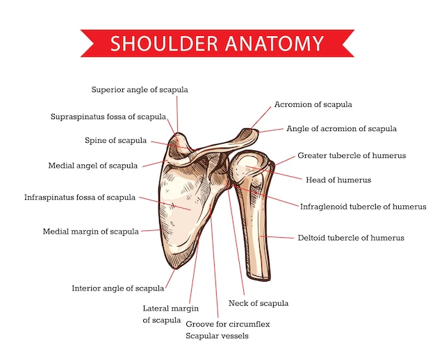 Anatomie Der Menschlichen Schulter Mit Skizze Von Schulterblatt Und Humerusknochen Medizin Und Gesundheitsfursorge Schulter Skelett Diagramm Mit Kopf Und Deltamuskel Des Humerus Struktur Des Schulterblattskeletts Premium Vektor