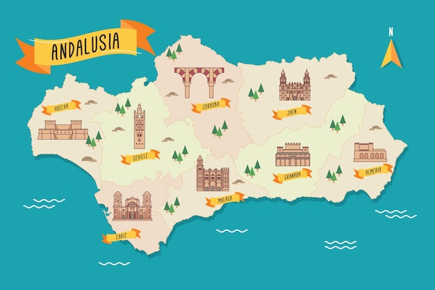 Andalusien karte mit sehenswürdigkeiten | Kostenlose Vektor