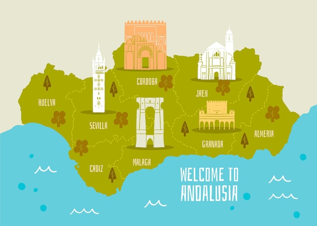 Andalusien karte mit wahrzeichen design | Kostenlose Vektor
