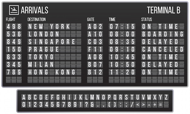 Anzeigetafel Flip Schriftart Ankunft Flughafen Schilder Tafel Eisenbahn Ankunfte Und Abfluge Anzeigetafeln Buchstaben Realistischen Satz Premium Vektor