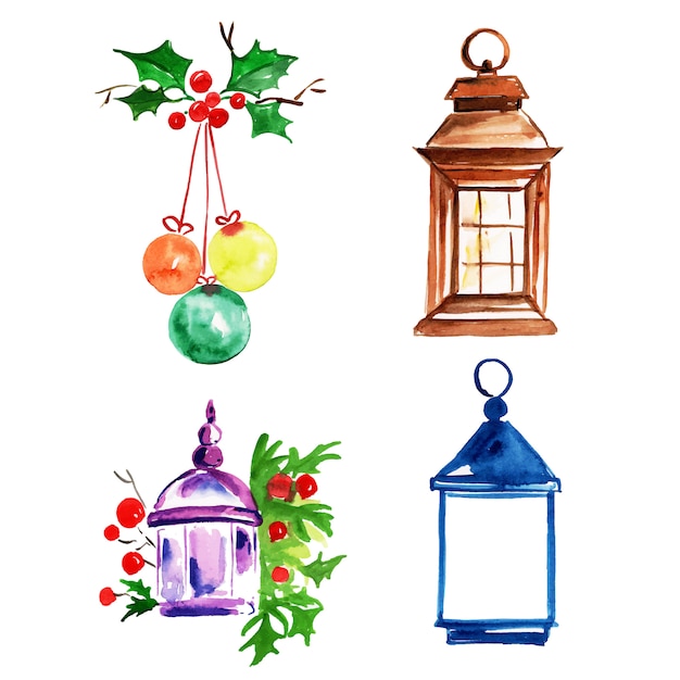 Aquarell-frohe weihnachten-element-sammlung Premium Vektoren