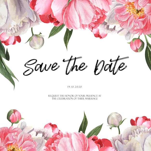 Aquarell-hochzeitskarteneinladung der rosa pfingstrosen-blühenden blume botanischer blumenaquarelle Kostenlosen Vektoren