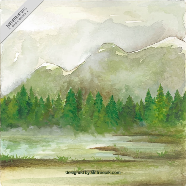 Aquarell Landschaft Hintergrund Mit Kiefern Und Berge Premium Vektor