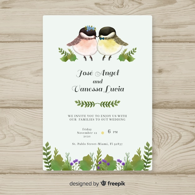 Aquarell vögel hochzeit einladungsvorlage Kostenlose Vektor