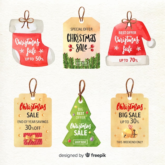 Aquarell weihnachtsverkauf etikettenkollektion Kostenlosen Vektoren