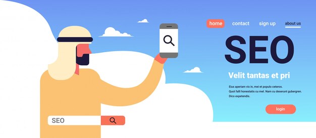 Arabischer mann seo-suchmaschinen-optimierung, der das smartphoneinternet sucht konzept verwendet Premium Vektoren