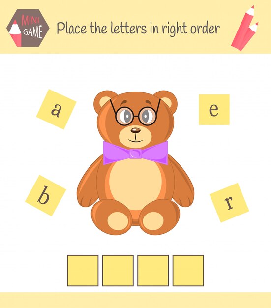 Arbeitsblatt für kinder im vorschulalter wörter puzzle lernspiel für kinder. ordne die buchstaben in der richtigen reihenfolge an Premium Vektoren