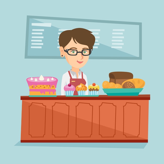 Arbeitskraft, die hinter der theke an der bäckerei steht. Premium Vektoren