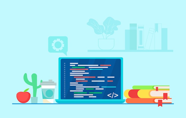 Arbeitsplatz des programmierers code auf einen laptop schreiben. Kostenlosen Vektoren