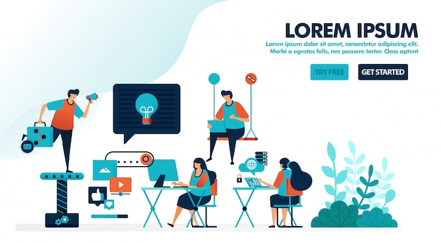 Arbeitsplatzgestaltung für millennials, coworking space oder einen modernen arbeitsplatz Premium Vektoren
