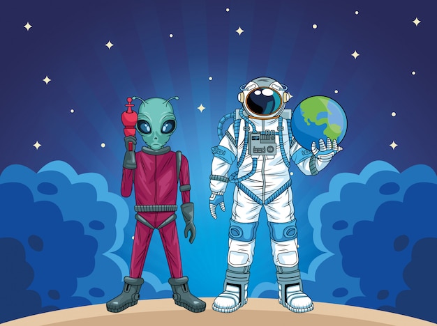 Astronaut Und Alien In Der Raumzeichenillustration Premium Vektor