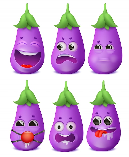 Auberginen Emoji Cartoon Zeichensatz Premium Vektor