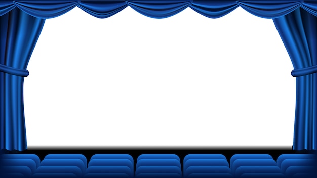 Auditorium Mit Sitzplatzvektor Blauer Vorhang Theater Kinoleinwand Und Sitze Buhne Und Stuhle Blauer Vorhang Theater Realistische Darstellung Premium Vektor