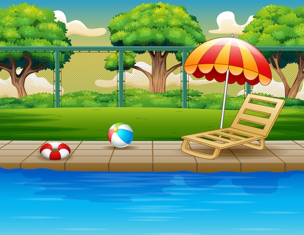 Außenpool mit chaiselongue und spielzeug Premium Vektoren
