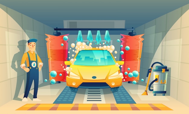 Automatisches Autowaschen Service Mit Zeichentrickfilm Figur Im Kasten Gelbes Fahrzeug Innerhalb Des Garags Kostenlose Vektor