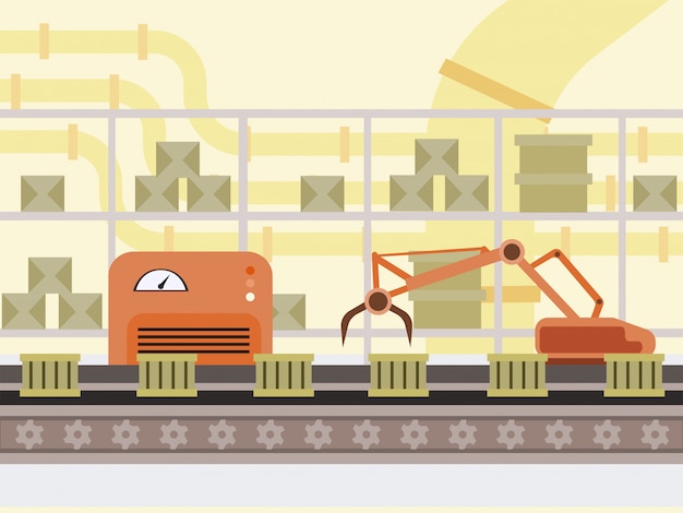 Automatisierte fertigungsstraße-karikaturillustration. kästen auf fabrikförderband, roboterhandmoderne automobiltechnologie, intelligente industrie. lager, robotisierte ausrüstungsfarbzeichnung der post Premium Vektoren