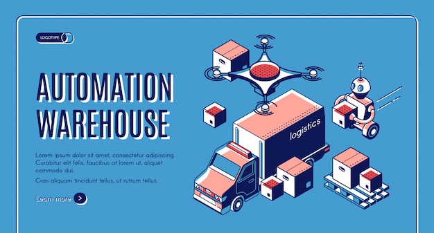 Automatisierte lagerlogistik-landingpage mit den robotern, die kästen im lieferwagen laden Kostenlosen Vektoren