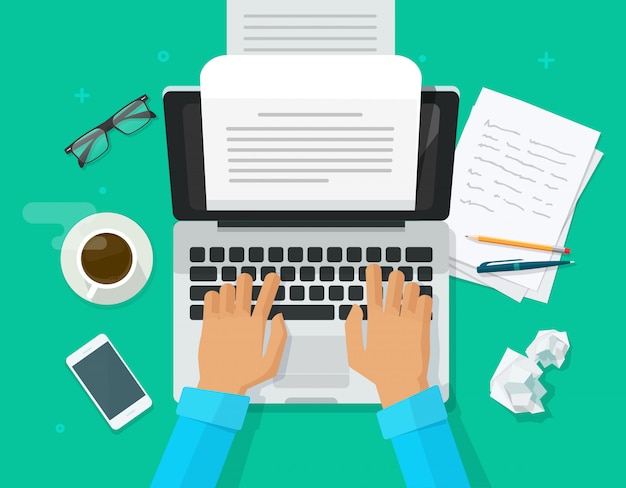 Autorenperson, die inhalt auf computerpapierblattdokument schreibt Premium Vektoren