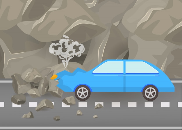Autounfall und unfälle auf straßenvektorillustration. schädigende und defekte automobilszene von carsh auto unter bergen und grauem felsenplakat. Premium Vektoren