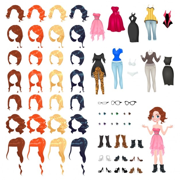 Avatar einer frau vektor isolierte objekte 7 frisuren mit 4 farben jeweils ein 10 verschiedene kleider 3 gläser 6 augen farben 9 schuhe Kostenlosen Vektoren