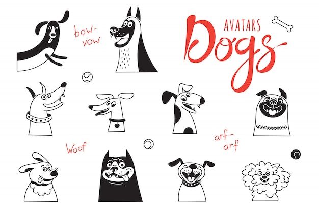 Avatar-hunde. lustiger schoßhund, fröhlicher mops, fröhliche mischlinge und andere rassen. Premium Vektoren
