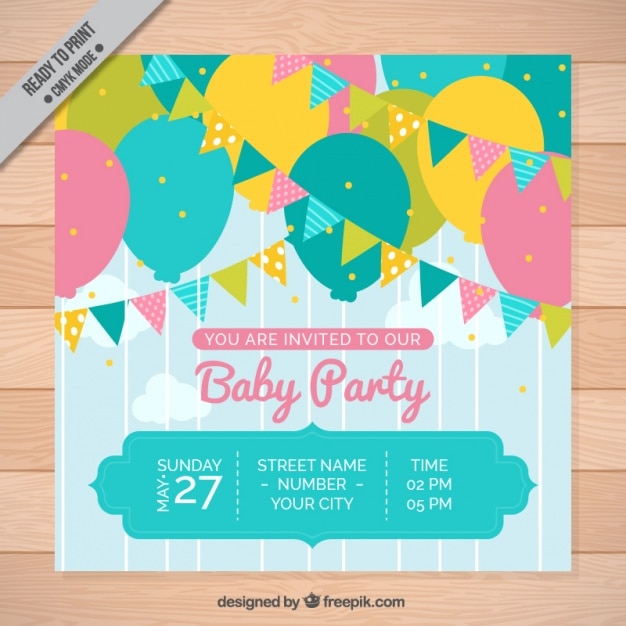 Baby Party Einladung Mit Bunten Girlanden Und Luftballons Kostenlose Vektor