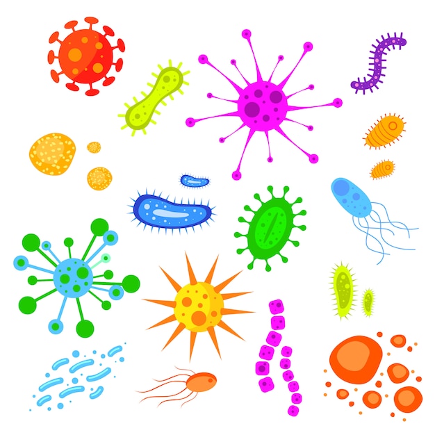 Bakterien Und Keime Bunt Gesetzt Mikroorganismen Krankheitsverursachende Objekte Verschiedene Arten Bakterien Viren Pilze Protozoen Premium Vektor