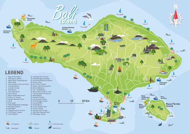 Bali  touristenziel karte  Premium Vektor