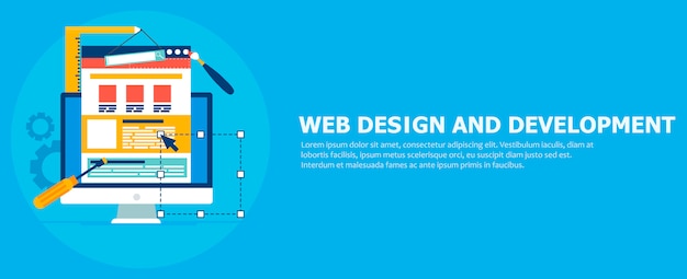 Banner für website-entwicklung. computer mit konstruktorwerkzeugen. Kostenlosen Vektoren