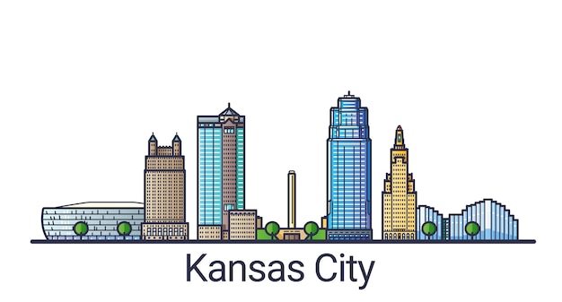 Banner Von Kansas City Im Trendigen Stil Der Flachen Linie Kansas City Strichzeichnungen Alle Gebaude Getrennt Und Anpassbar Premium Vektor