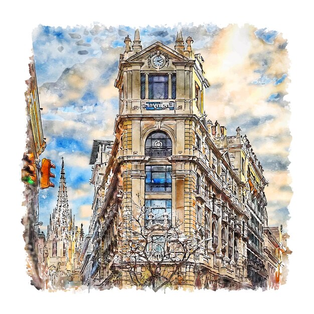 Barcelona Spanien Aquarell Skizze Hand Gezeichnete Illustration