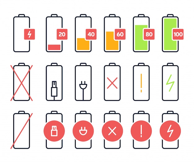 Batterieladesymbole Ladeleistung Energiestatus Des Smartphone Akkus Handybatteriesignalanzeigen Isolierte Symbole Gesetzt Premium Vektor