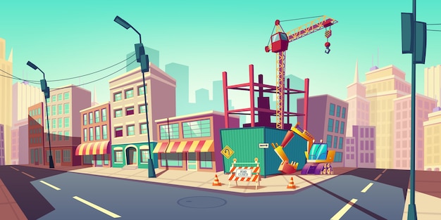 Baustelle mit baukran auf straßenillustration Kostenlosen Vektoren