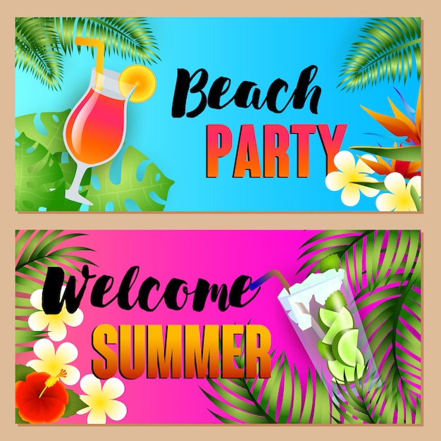 Beach party, welcome summer schriftzüge mit cocktails Kostenlosen Vektoren