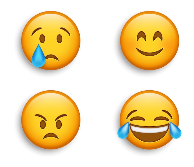 Beliebte Emojis Susses Lacheln Gesicht Mit Lachelnden Augen Wutendes Emoji Lachen Tranen Der Freude Weinen Emoticon Premium Vektor