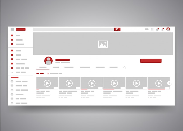 Benutzerschnittstellenseite des youtube-videokanals des webbrowsers mit suchfeld und videoliste. Premium Vektoren