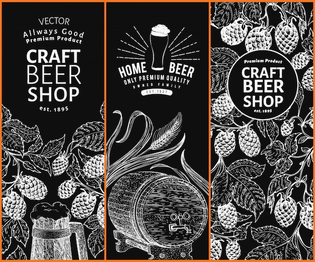 Bier Hop Design Vorlagen Vintage Bier Hintergrund Gezeichnete Hopfenillustration Des Vektors Hand Auf Kreidebrett Retro Stil Banner Gesetzt Premium Vektor